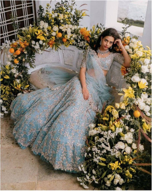 Beautiful Sky Blue Georgette Lehenga Choli Wedding Lehengas,Indian Lehenga