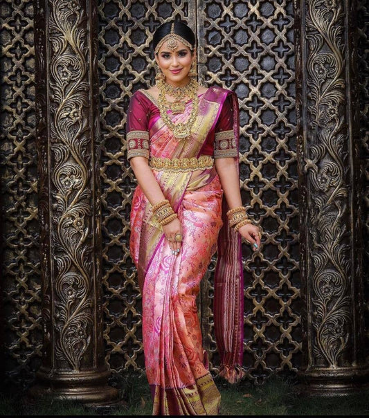 Pink Color Banarasi Soft Lichi Silk Saree, Indian Saree With Unstitched Blouse
