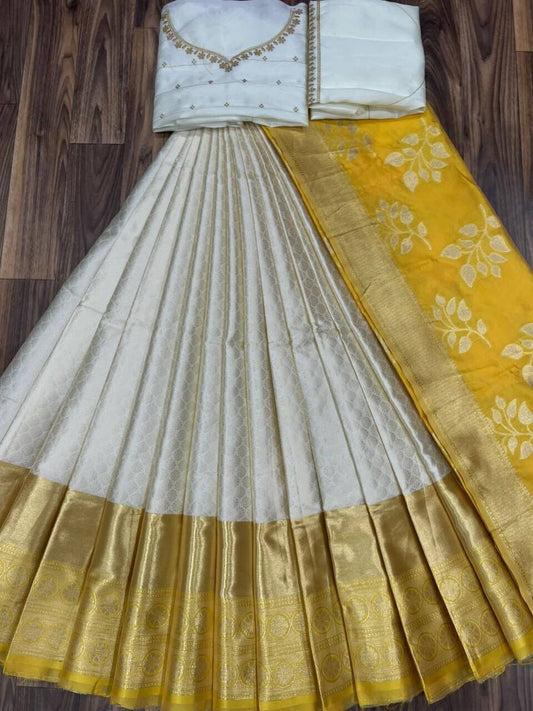 Yellow Color Designer Kanjivaram Silk Half Saree lehenga Zari Weaving South Saree