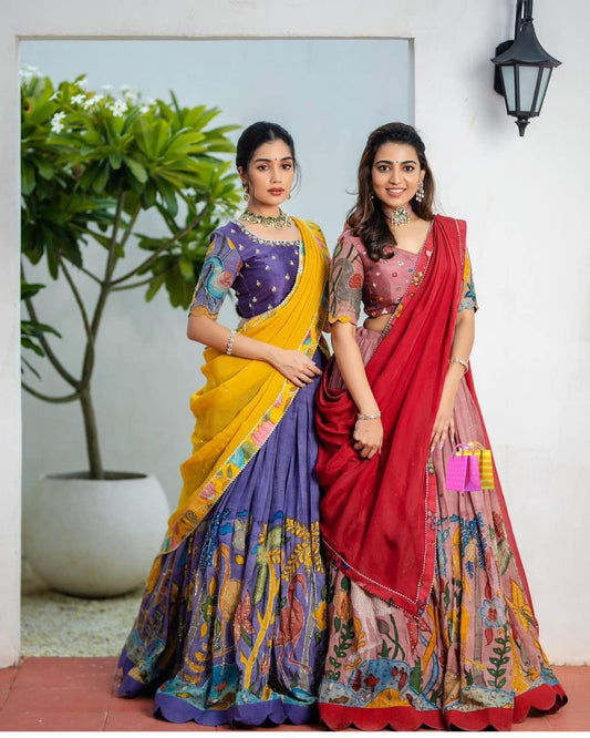 Exclusive Kalamkari Silk Half Saree Lehenga Choli Wedding wear Silk Lehenga Choli