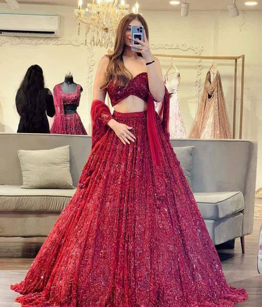Red Georgette Lehenga Choli, Indian Wedding Bridesmaids Designer Lehenga